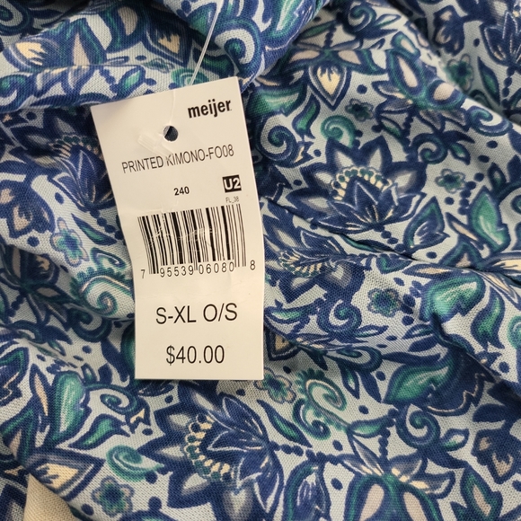 NWT Women's One Size Angie Printed Kimono S-XL Blue Cream 100% Rayon - Picture 7 of 7